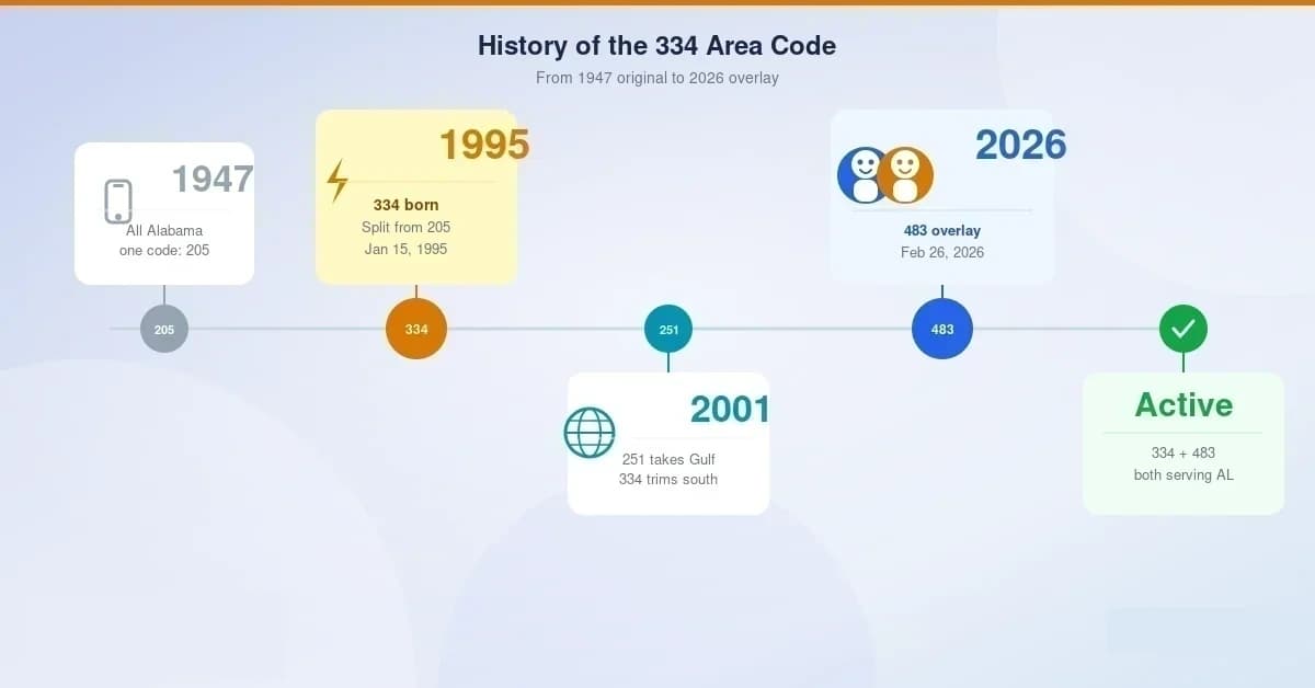 History of the 334 area code — split from Alabama's original 205 in January 1995, later trimmed when 251 took the Gulf Coast in 2001, now joined by the 483 overlay in February 2026 after three decades of use
