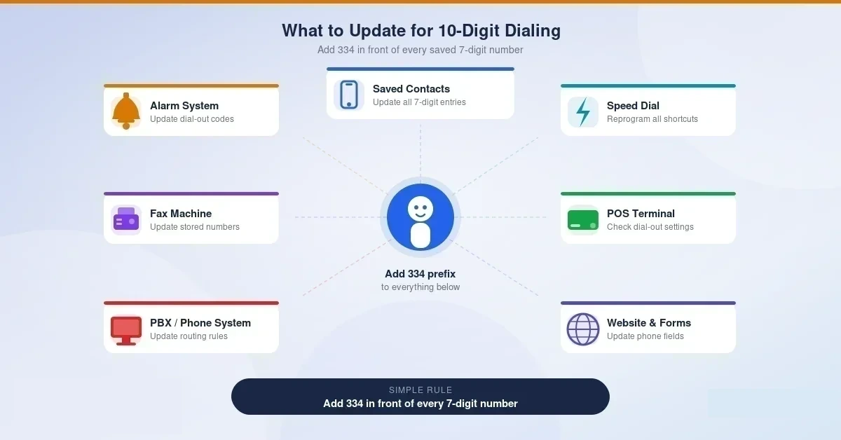What devices and systems to update for the 334 ten-digit dialing change — saved contacts, alarm systems, fax machines, PBX equipment, point-of-sale terminals, call-routing software, website forms, and printed materials