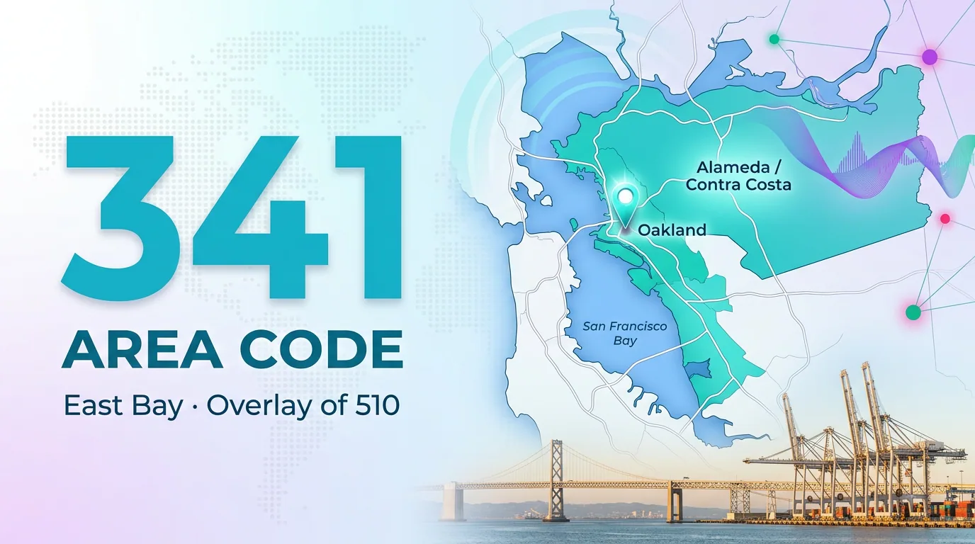 341 area code infographic showing the East Bay region as an overlay of 510, covering Oakland and Alameda/Contra Costa counties