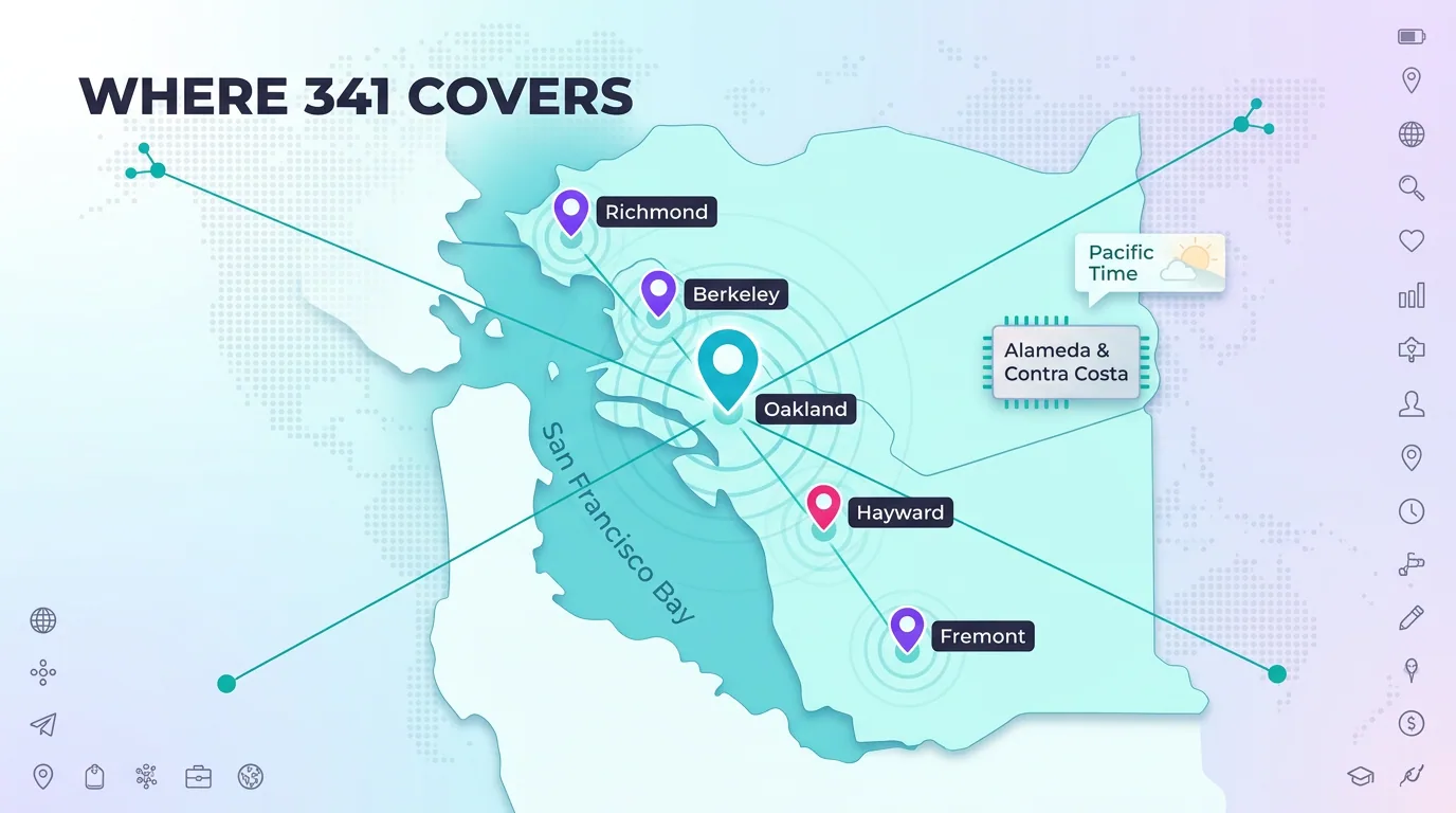 Map showing where the 341 area code covers - Richmond, Berkeley, Oakland, Hayward, and Fremont across Alameda and Contra Costa counties