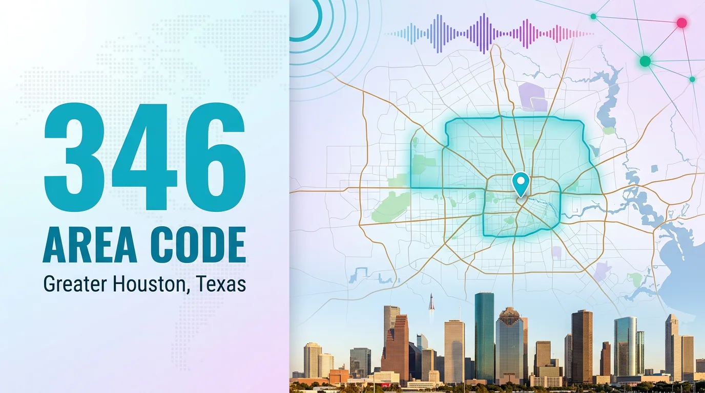 346 area code infographic for Greater Houston, Texas with a map and skyline