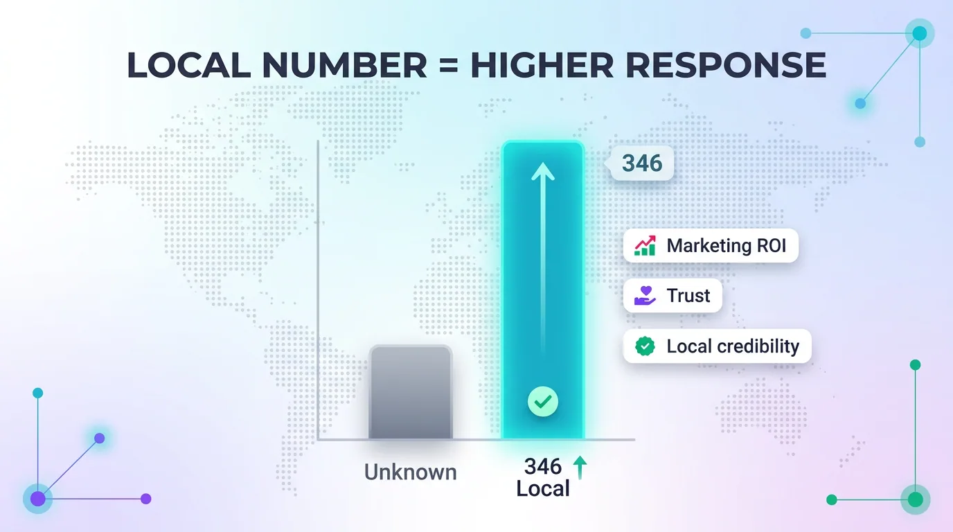 Bar chart showing a local 346 number drives higher response than an unknown number, with marketing ROI, trust, and local credibility benefits