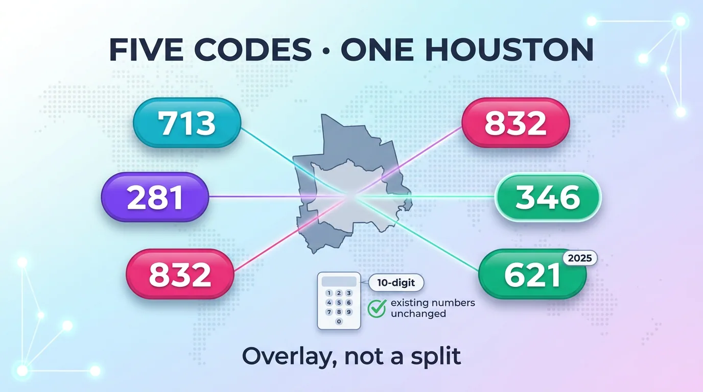 Five Houston area codes — 713, 281, 832, 346, and 621 — shown as an overlay, not a split