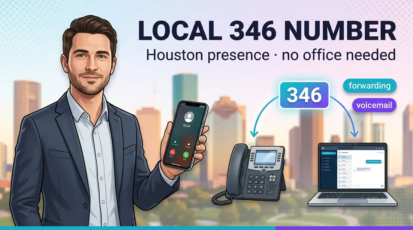 A local 346 number giving a Houston presence with no office needed, with call forwarding and voicemail across phone, desk phone, and laptop