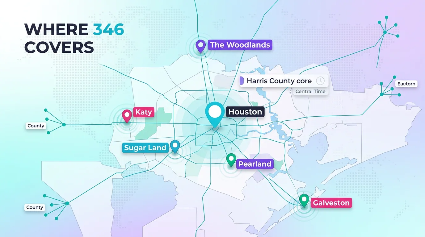 Map showing where the 346 area code covers, including Houston, Katy, Sugar Land, The Woodlands, Pearland, and Galveston