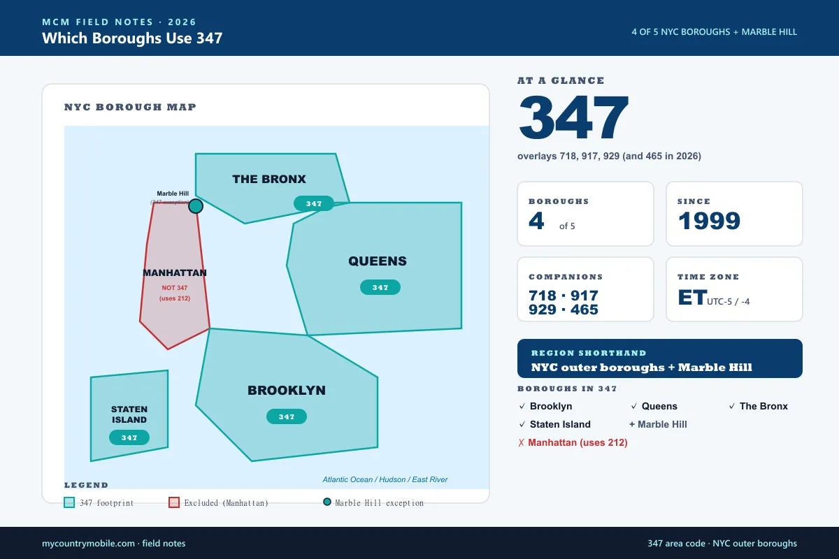 NYC borough map showing the 347 area code coverage — Brooklyn, Queens, the Bronx, Staten Island, and the Marble Hill section of Manhattan, with Manhattan proper excluded