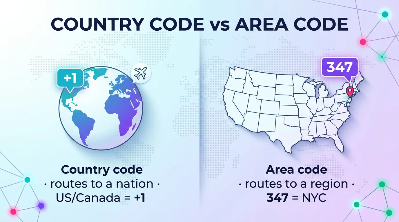 Country code vs area code comparison: country code +1 routes to a nation while area code 347 routes to a region in New York City