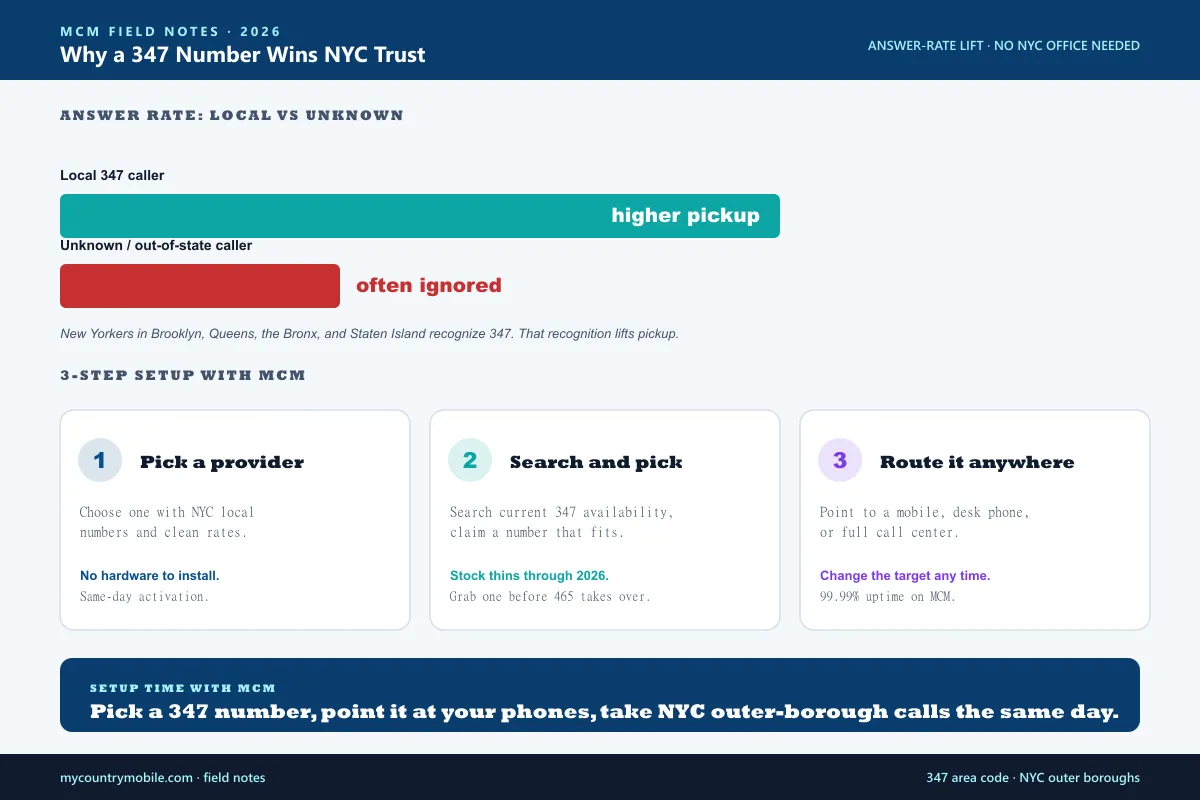 Why a local 347 number helps a business — better answer rates from NYC outer borough customers, lower hesitation, and 3-step setup with MCM
