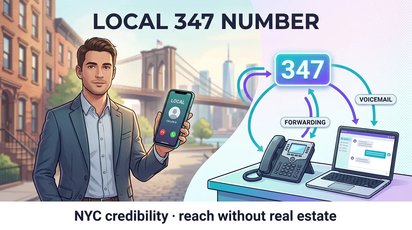Local 347 number forwarding to mobile, desk phone and voicemail for NYC credibility and reach without real estate