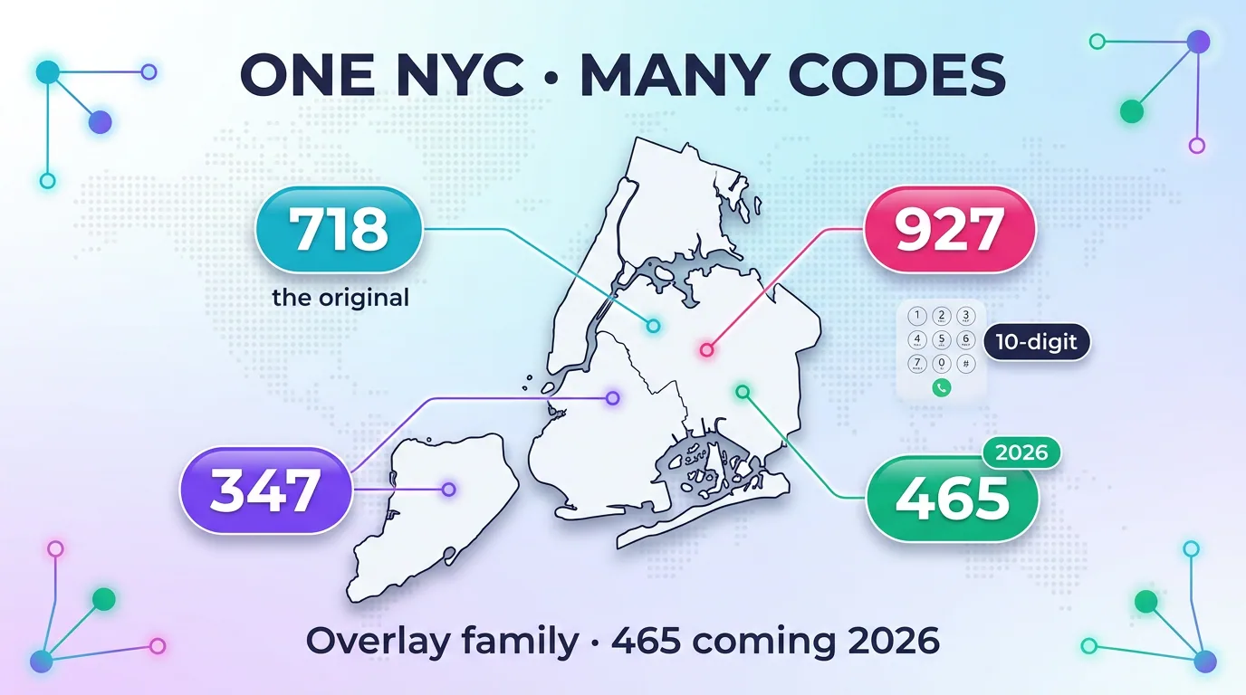 One NYC, many codes: the 347, 718, 927 and upcoming 465 overlay family covering the same New York City region with 10-digit dialing