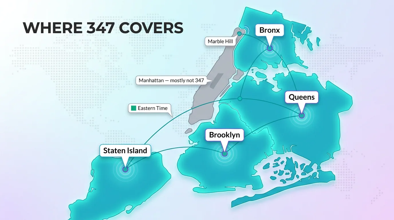 Map of where 347 covers: the Bronx, Brooklyn, Queens, Staten Island and Marble Hill in New York City on Eastern Time