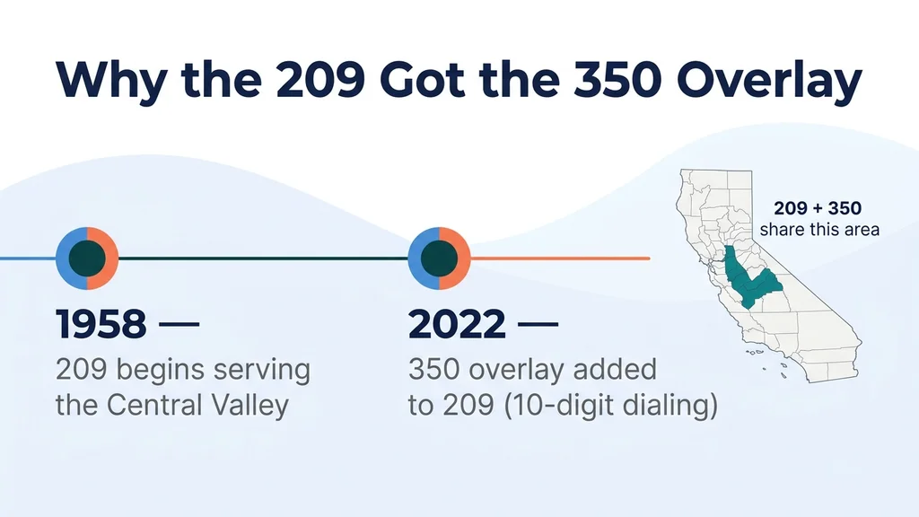 Timeline of the 209 area code and the 2022 350 overlay