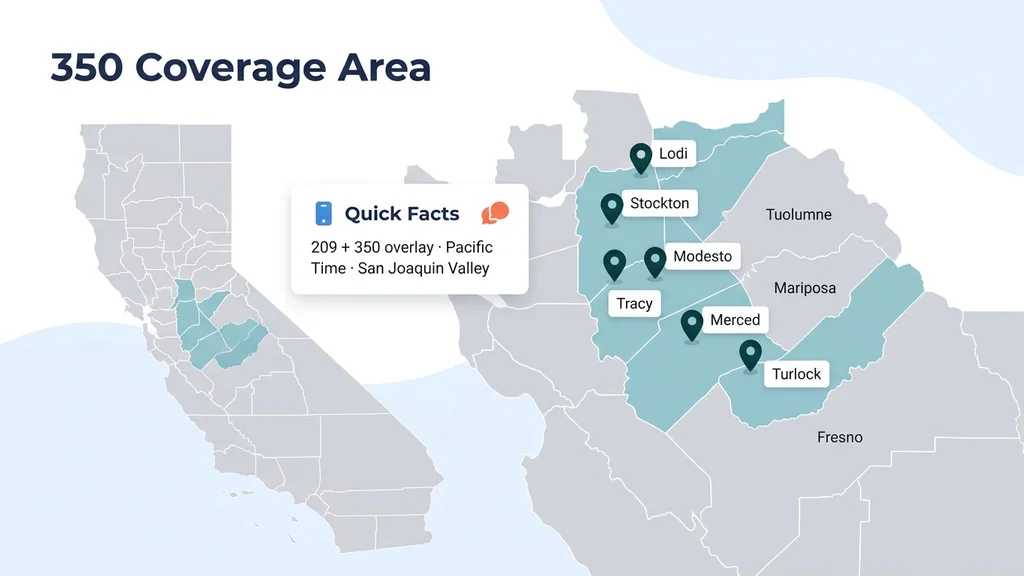 Coverage map of California's Central Valley served by the 350 area code