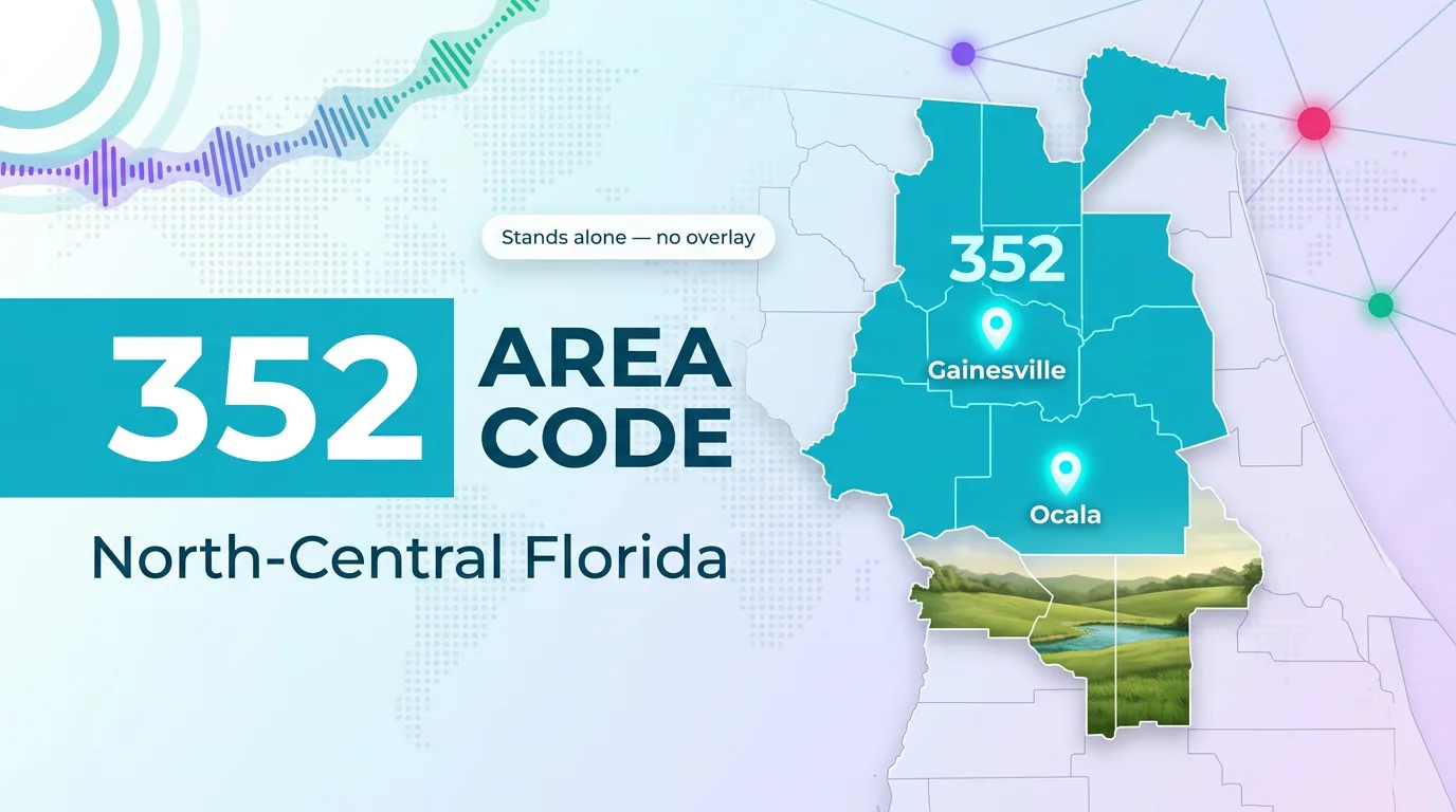 352 area code infographic showing North-Central Florida coverage with Gainesville and Ocala, standing alone with no overlay