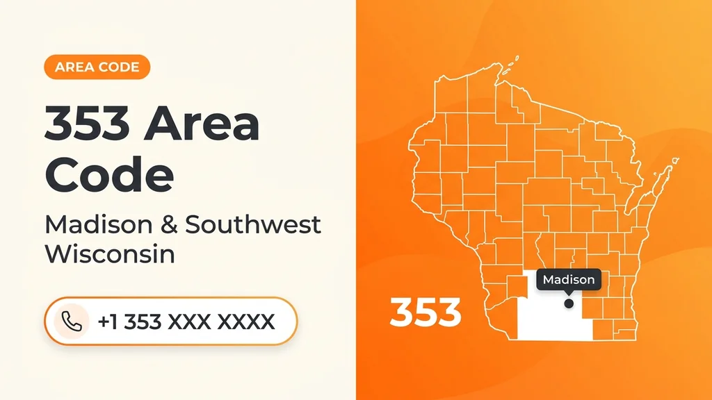 Map of Wisconsin with Madison and the southwest region highlighted and a 353 area code pin over the 608 area