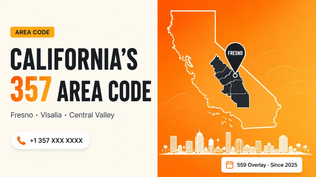 Map of California's Central Valley with Fresno highlighted and a 357 area code pin marking the 559 overlay region