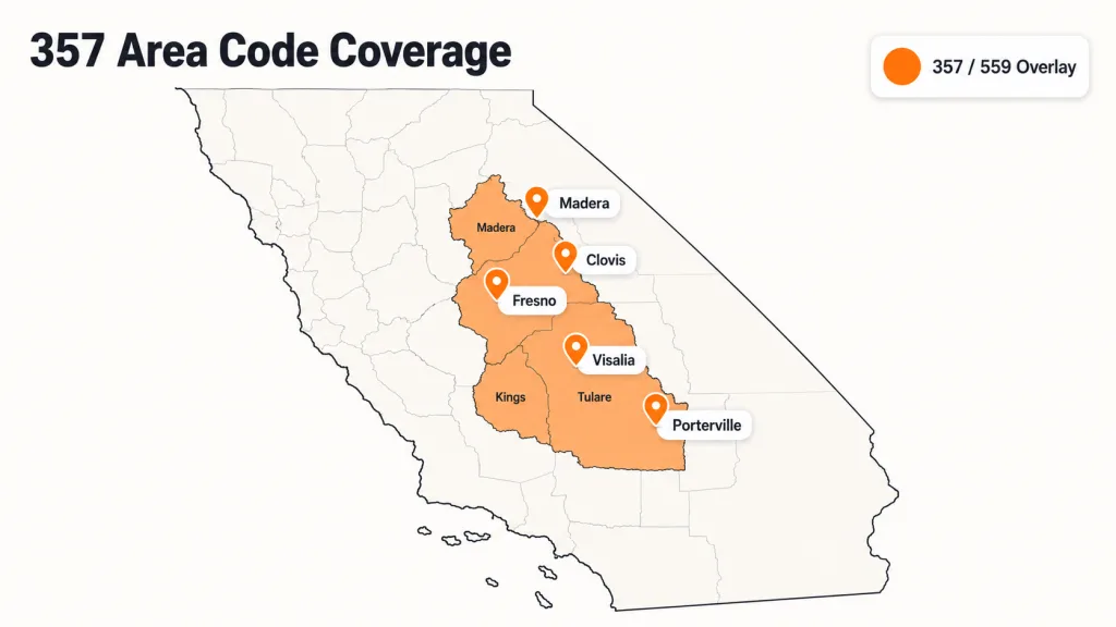 Coverage map showing Fresno, Visalia, and the four-county Central Valley region served by the 357 and 559 area codes