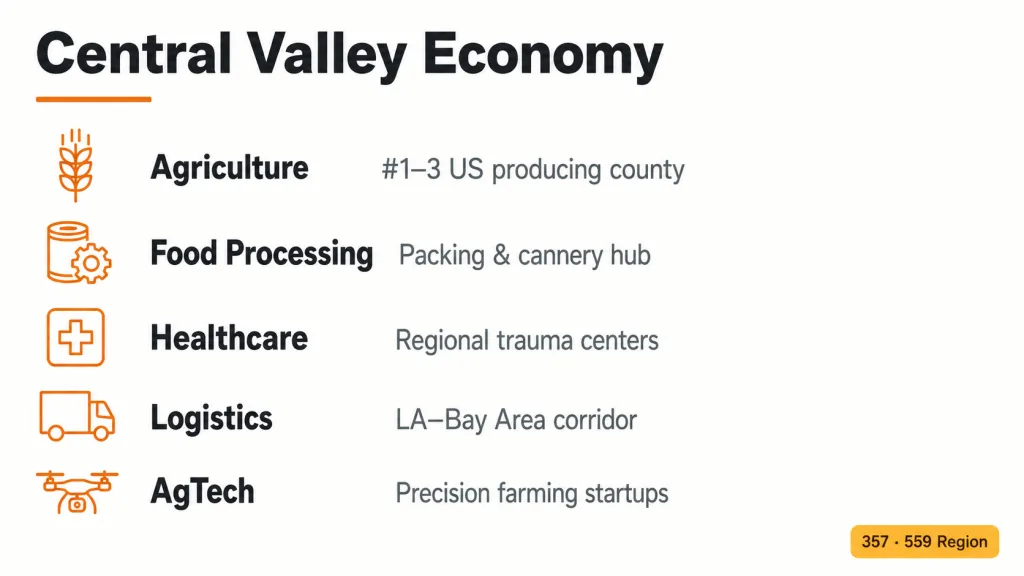 Text-forward list of Central Valley industries served by the 357 area code: agriculture, food processing, healthcare, logistics, and AgTech with orange accent icons