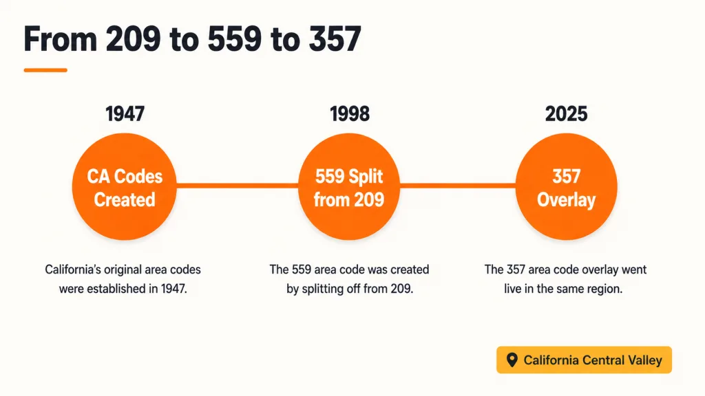 Timeline of California area code history: 1947 Bell codes, 1998 creation of 559 from 209, and the March 2025 launch of the 357 overlay