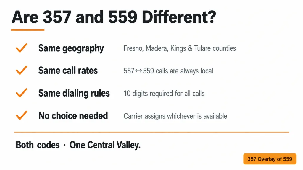 Side-by-side facts showing 357 and 559 serve identical geography, rates, and dialing rules in California's Central Valley