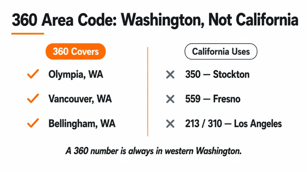 Outline map of western Washington with Olympia, Vancouver, and Bellingham marked and a 360 area code location pin