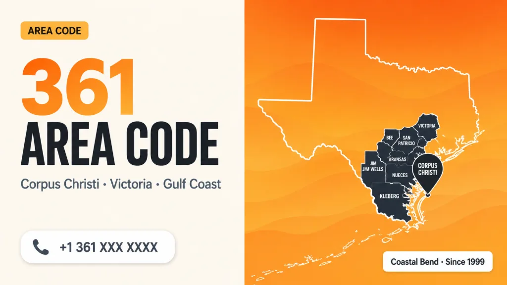 Map of South Texas highlighting Corpus Christi and the Coastal Bend counties served by the 361 area code