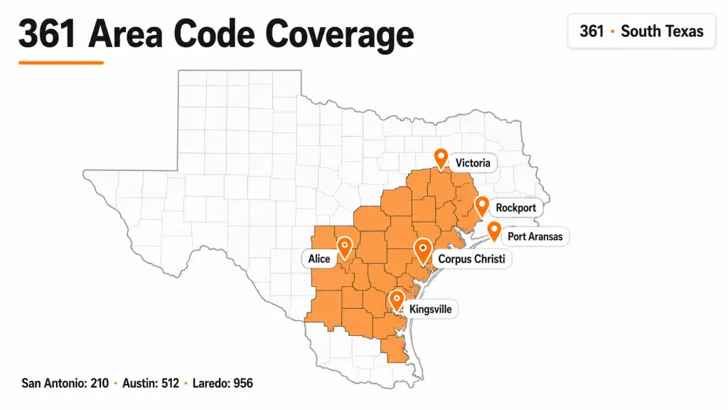 Coverage map of South Texas showing the 25-county Coastal Bend region served by the 361 area code, centered on Corpus Christi