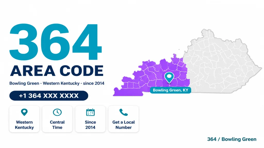 Bowling Green Kentucky downtown skyline with a 364 area code badge and western Kentucky coverage highlighted