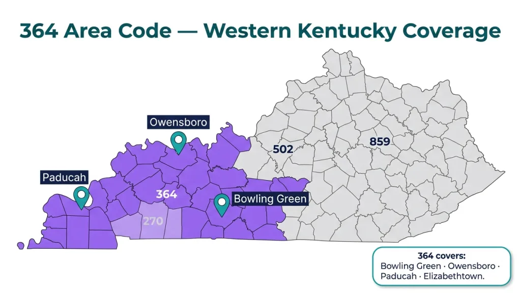 Concentric map of the 364 area code showing Bowling Green as the metro core, Owensboro and Elizabethtown as the inner ring, and Paducah and Henderson as the outer reach of western Kentucky