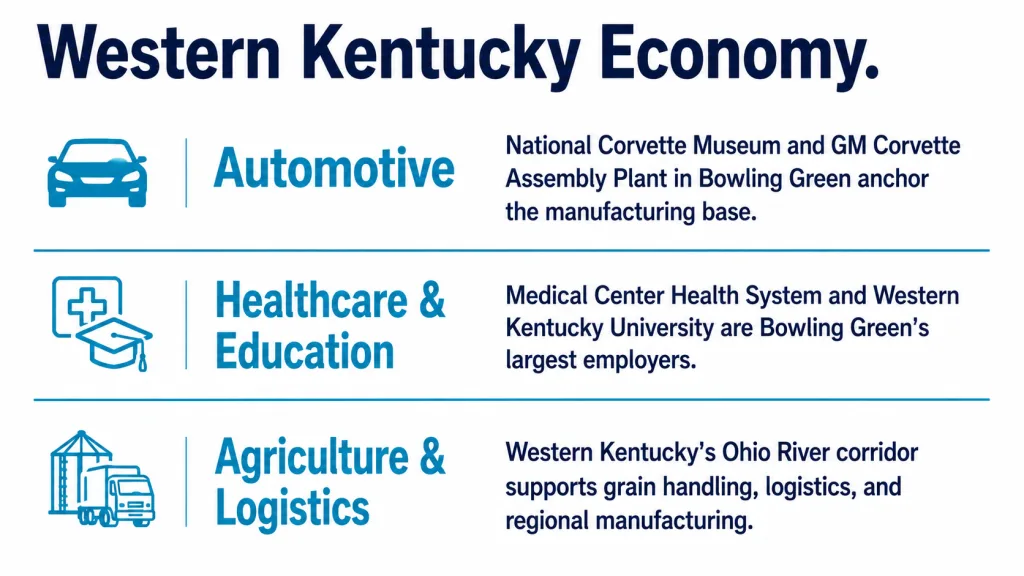 Text-forward list of western Kentucky industries: automotive manufacturing Corvette plant, corporate HQ Fruit of the Loom, higher education WKU and Murray State, healthcare, and agribusiness with red accent icons