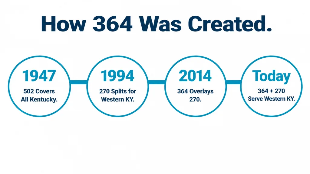Timeline with four milestones: 1947 single Kentucky code 502, 1994 western Kentucky split into 270, December 2012 assignment of 364 overlay, and March 2014 go-live date