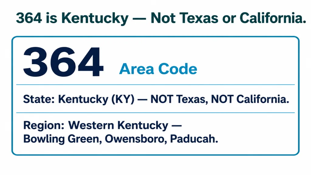 Text clarification showing 364 is a Kentucky area code — not Texas, California, or Canada — with the actual location and the NANPA assignment shown