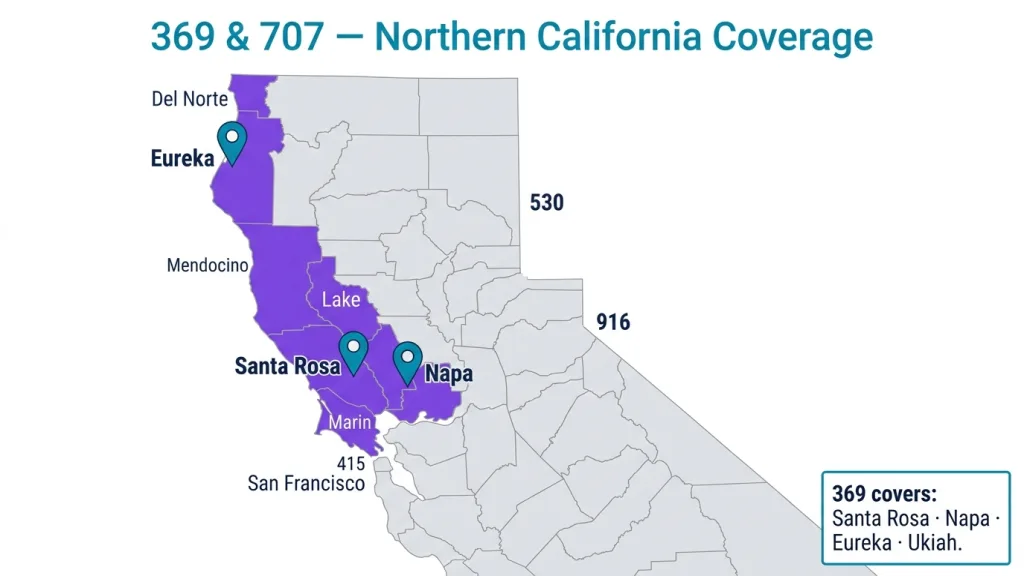 Illustrated map of northern California with the 369 and 707 area spanning from Napa and Sonoma counties in the south to Humboldt and Del Norte counties near the Oregon border