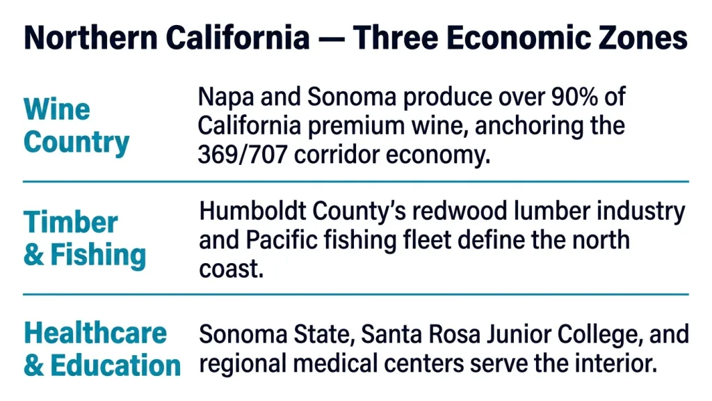 Text-forward list of northern California's three economic zones: Napa and Sonoma wine country, the Emerald Triangle cannabis region, and Travis Air Force Base in Fairfield with red accent icons