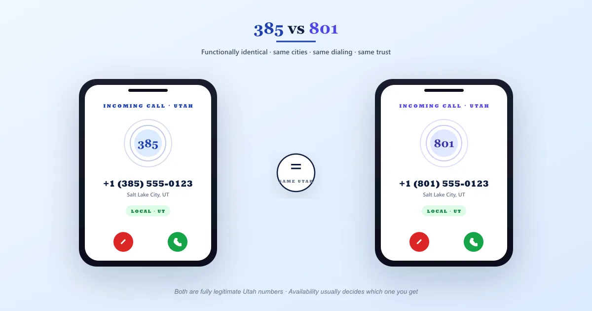 385 vs 801 phone-screen comparison — two side-by-side phone mockups, the left showing an incoming call from +1 (385) 555-0123 with INCOMING CALL · UTAH header and a LOCAL · UT pill, and the right showing an incoming call from +1 (801) 555-0123 with the same UTAH label and the same LOCAL pill, separated by a circular EQUALS sign tag in the middle indicating SAME UTAH coverage and demonstrating that the two codes are functionally identical
