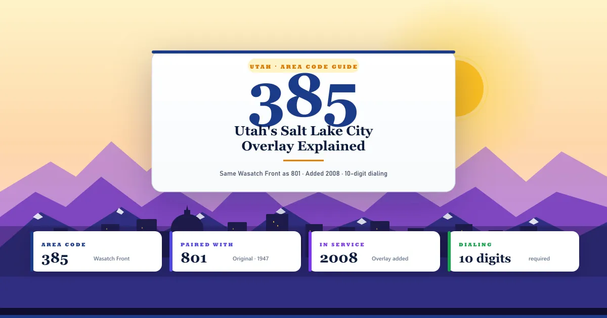 385 Area Code Utah's Salt Lake City Overlay Explained — magazine landscape hero with a golden-hour sunrise sky over the Wasatch Mountain range painted in layered purples with snow-capped peaks, the Salt Lake skyline silhouette and Capitol dome along the foreground, a centered white title badge with the big 385 numeral and post heading, and four floating stat tiles below for Area Code 385, Paired With 801, In Service 2008, and Dialing 10 digits