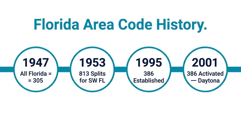 Year-by-year history timeline: 1947 all Florida under 305, 1953 southwest FL becomes 813, 1965 north FL becomes 904, 1995 Gainesville area splits to 352, 1997 panhandle splits to 850, February 2001 Daytona region becomes 386