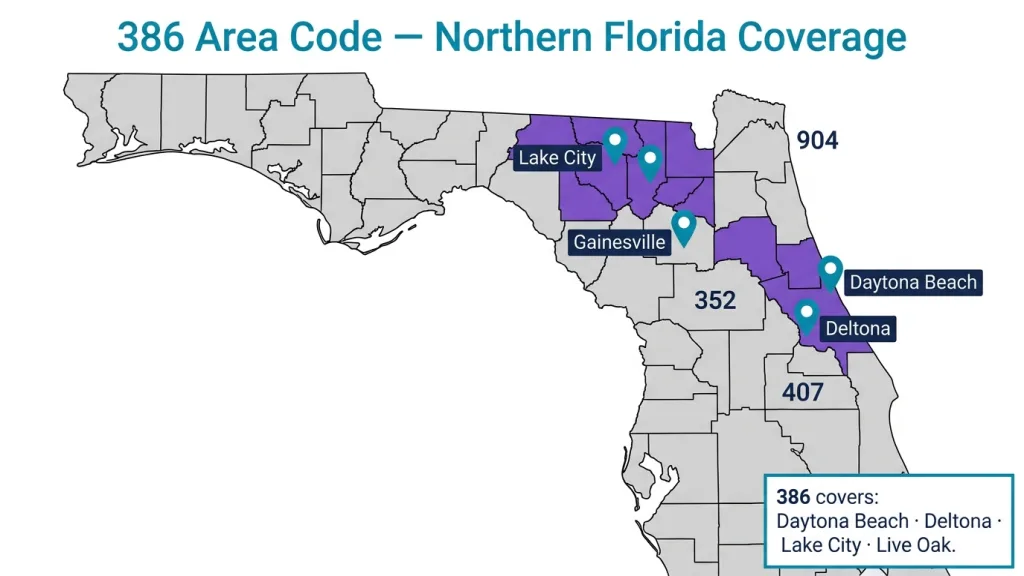 Two-column grid showing the 386 area code's non-contiguous eastern section (Daytona Beach, Palm Coast, Deltona) and western section (Lake City, Suwannee, Columbia County) with a Florida outline map