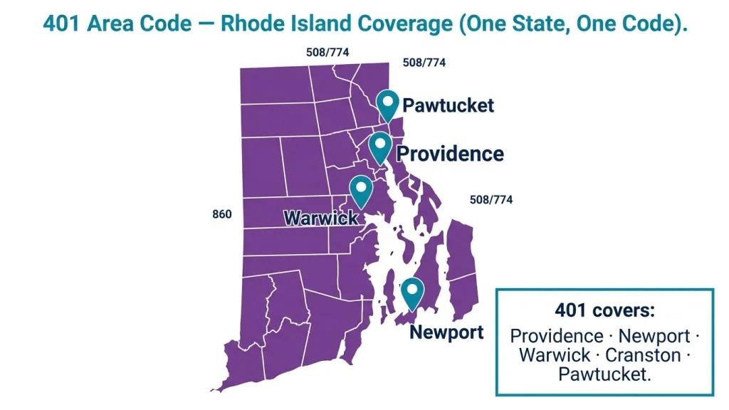 Grid of Rhode Island's major cities in the 401 area code: Providence, Warwick, Cranston, Pawtucket, East Providence, Woonsocket, Newport, and more, on a white background with red accents
