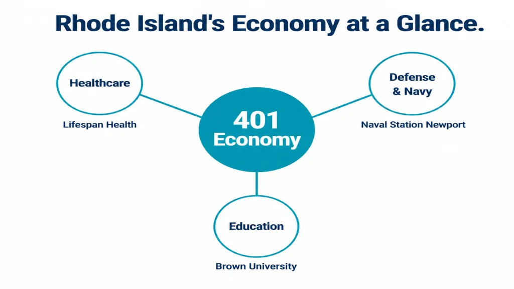 Two-by-three grid showing Rhode Island's six key industries: healthcare with Lifespan, education with Brown University and RISD, CVS Health headquarters, Electric Boat submarines, Naval Station Newport, and tourism, each with a red icon