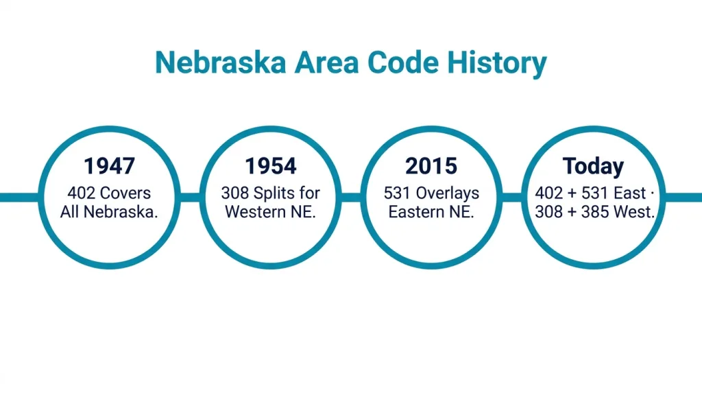 Circle-node timeline: four white circles with red borders connected by a bold red horizontal line. Circle 1 labeled 1947 — 402 Launches, All Nebraska. Circle 2 labeled 1962 — 308 Splits Off, Western NE. Circle 3 labeled 2015 — 531 Overlay, 10-Digit Dialing. Circle 4 labeled 2040s — Projected Exhaustion. Years in bold red, event text in black below each circle.