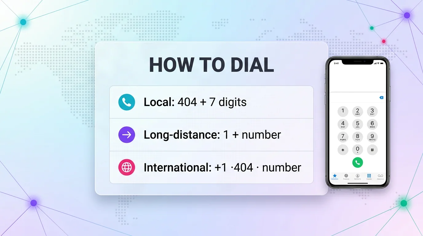 How to dial 404 numbers: local 404 plus 7 digits, long-distance 1 plus number, and international +1 404 plus number