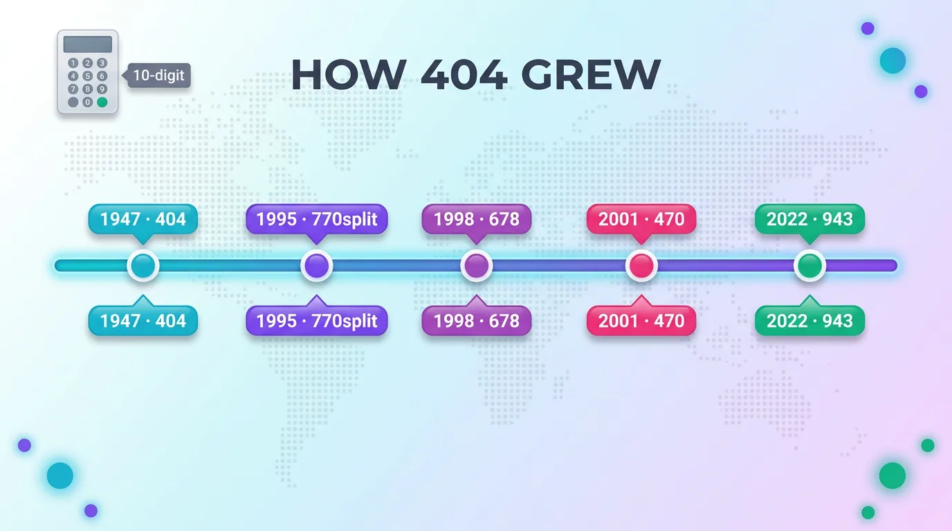 Timeline showing how the 404 area code grew, from 1947 to the 770 split in 1995 and the 678, 470, and 943 overlays