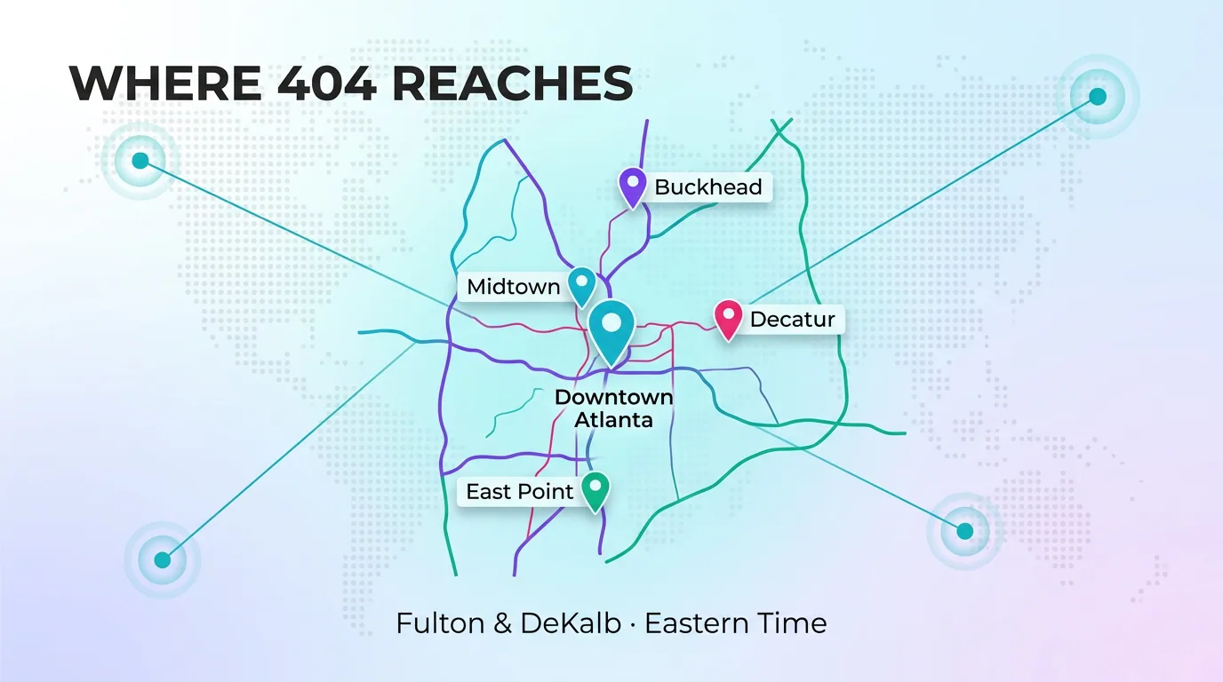 Map showing where the 404 area code reaches across Buckhead, Midtown, Downtown Atlanta, Decatur, and East Point in Fulton and DeKalb counties