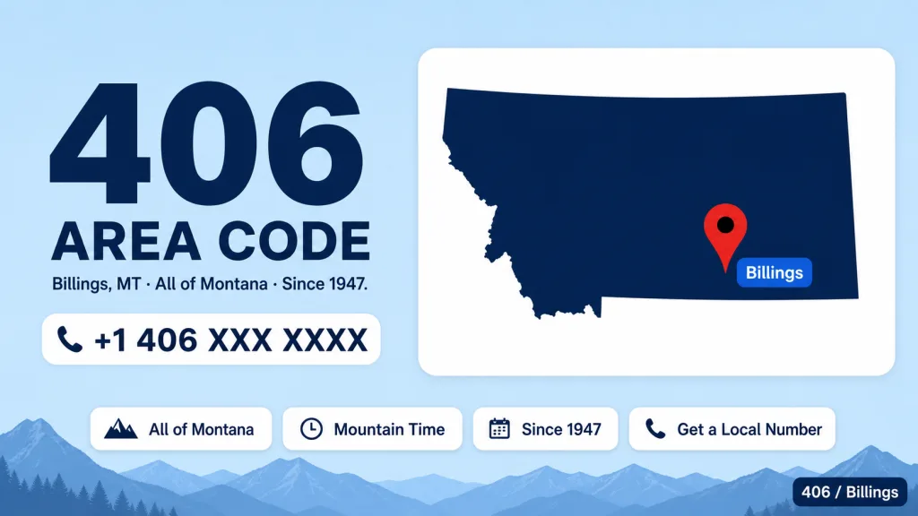 Illustrated Montana map with the 406 area code covering all of Billings, Missoula, Bozeman, and Helena, with a red location pin