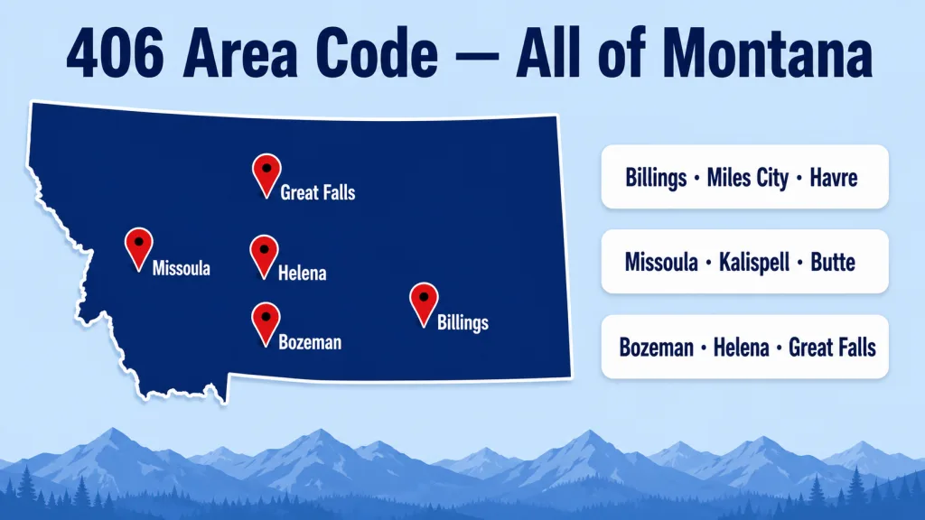 Light sky blue background map of Montana with the entire state filled in deep navy blue, red pins on Billings, Missoula, Great Falls, Bozeman, and Helena, white rounded rectangle info cards listing key cities, and a faint darker blue mountain silhouette along the bottom