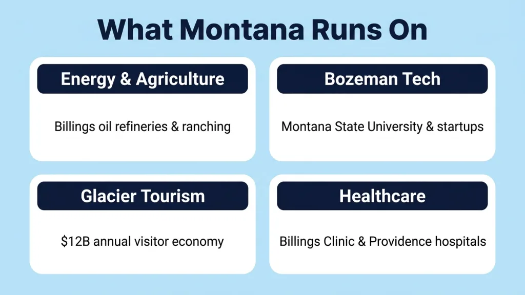 Light sky blue background with bold dark navy title "What Montana Runs On". Four rounded squares in a 2x2 layout. Each square has a dark navy header bar with white bold text and dark content below. Top-left: "Energy & Agriculture" — Billings oil refineries, ExxonMobil and Conoco, Montana's largest private employer sector. Top-right: "Bozeman Tech & Tourism" — Montana State University, RightNow Technologies legacy, Yellowstone gateway, fastest-growing city. Bottom-left: "Glacier & Outdoor Recreation" — 3 million annual visitors, $12 billion tourism economy, Flathead Valley hospitality. Bottom-right: "Healthcare & Education" — Billings Clinic, Providence St. Patrick's, University of Montana, state government.