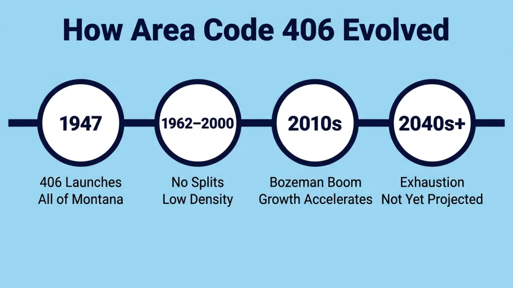 Light sky blue background with bold dark navy title "How Area Code 406 Evolved". Four white circles with thick dark navy borders on a dark navy horizontal line. Circle 1: 1947 — 406 Launches, All of Montana. Circle 2: 1962–2000 — No Splits, Low Density. Circle 3: 2010s — Bozeman Tech Boom, Accelerating Growth. Circle 4: 2040s+ — Exhaustion Projected, No Overlay Yet.