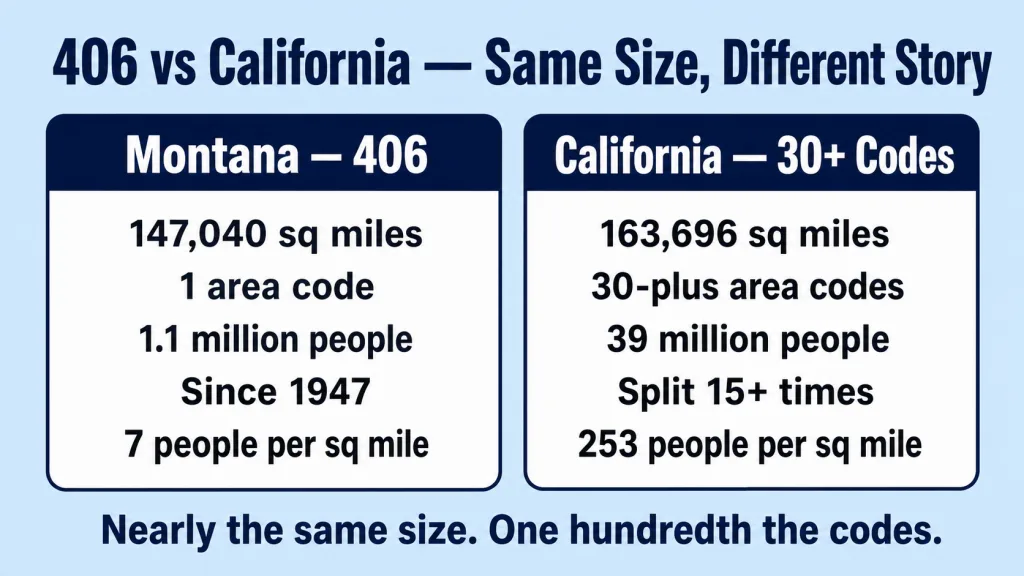 Light sky blue background with bold dark navy title "406 vs California — Same Size, Different Story". Two large rounded rectangles side by side. Left rectangle: dark navy header "Montana — 406", content below: 147,040 sq miles · 1 area code · 1.1 million people · 1 code since 1947 · 7 people per sq mile. Right rectangle: dark navy header "California — 30+ codes", content below: 163,696 sq miles · 30-plus area codes · 39 million people · split and overlaid 15-plus times · 253 people per sq mile.