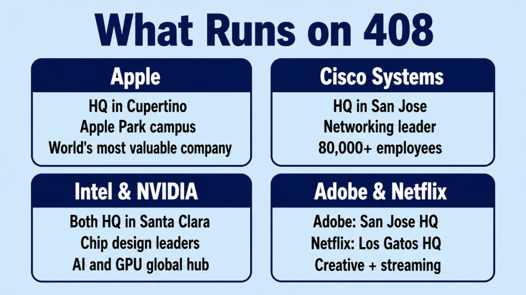 Light sky blue background with bold dark navy title "What Runs on 408". Four rounded squares in a 2x2 layout, each with a dark navy header bar and content below. Top-left: Apple — HQ in Cupertino, Apple Park campus, $3 trillion market cap. Top-right: Cisco Systems — HQ in San Jose, networking and cybersecurity leader, 80,000 plus employees. Bottom-left: Intel and NVIDIA — both headquartered in Santa Clara, global semiconductor and GPU leaders. Bottom-right: Adobe and Netflix — Adobe HQ in San Jose, Netflix HQ in Los Gatos, creative software and streaming.